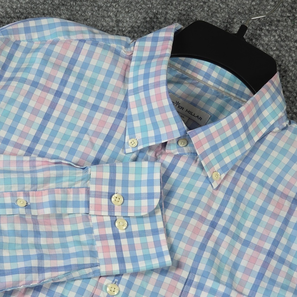 Peter‎ Millar Mens Gingham Check Long Sleeve Button Down Shirt XL Blue Pink